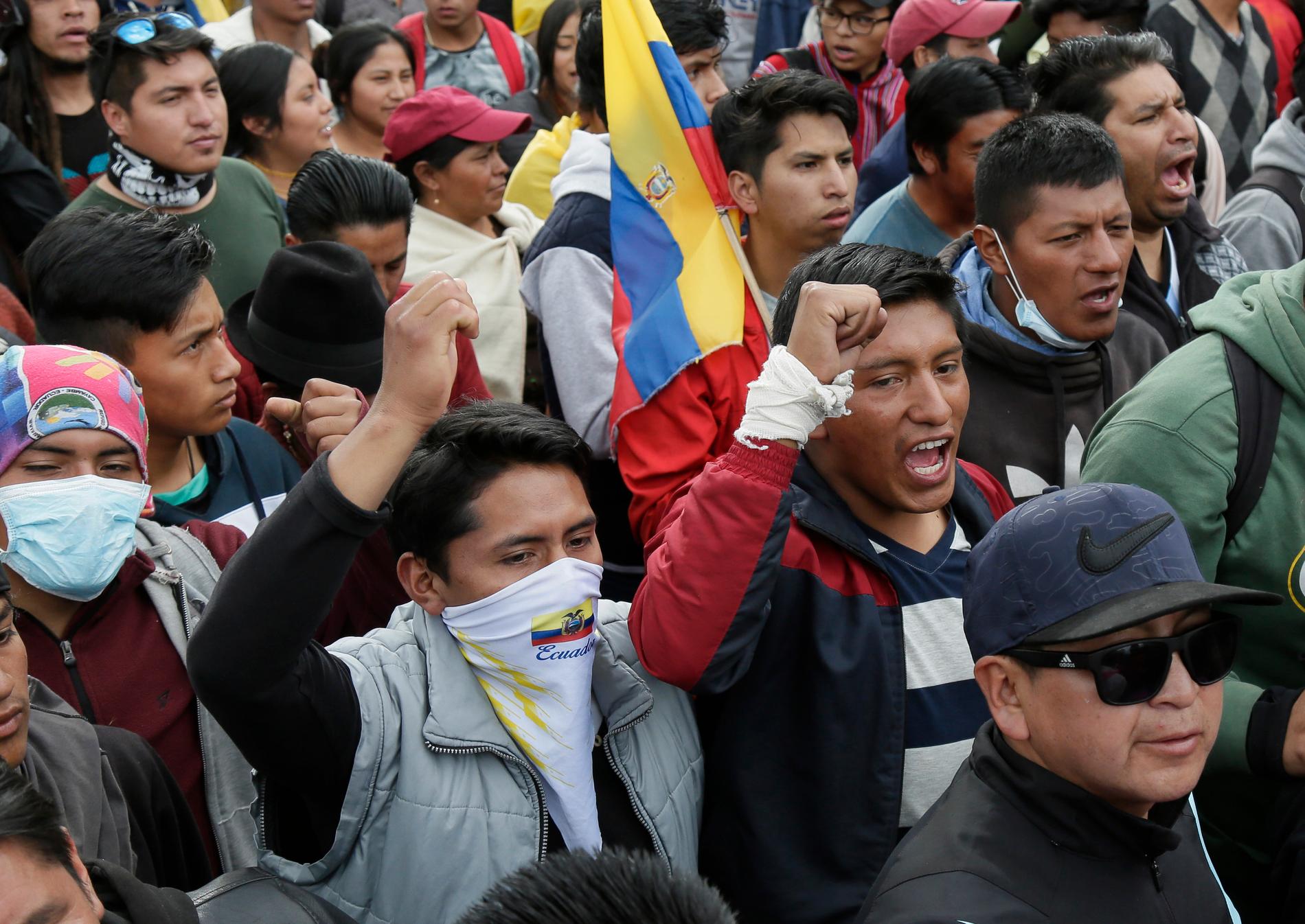 Demonstranter skanderar i Quito, Ecuador.