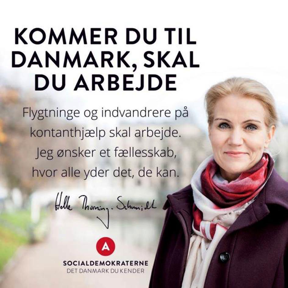 I går söndag lanserade Socialdemokraternas systerparti i Danmark lanserade sin nya kampanj. Regeringspartiet lett av statsminister Helle Thorning-Schmidt säger att de ska skärpa asylreglerna och begränsa anhöriginvandringen.