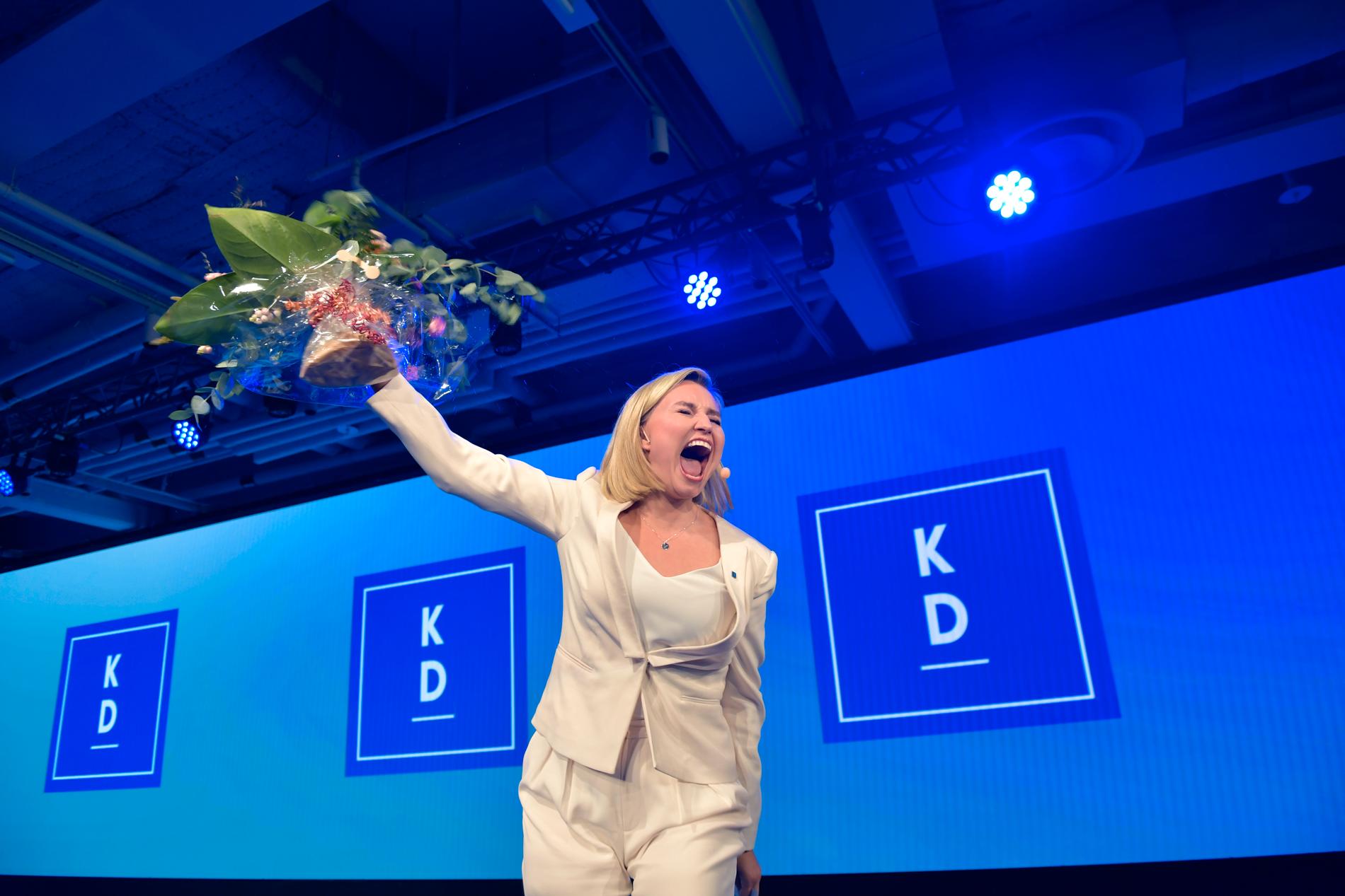 Partiledare Ebba Busch Thor på Kristdemokraternas valvaka på At Six i Stockholm.