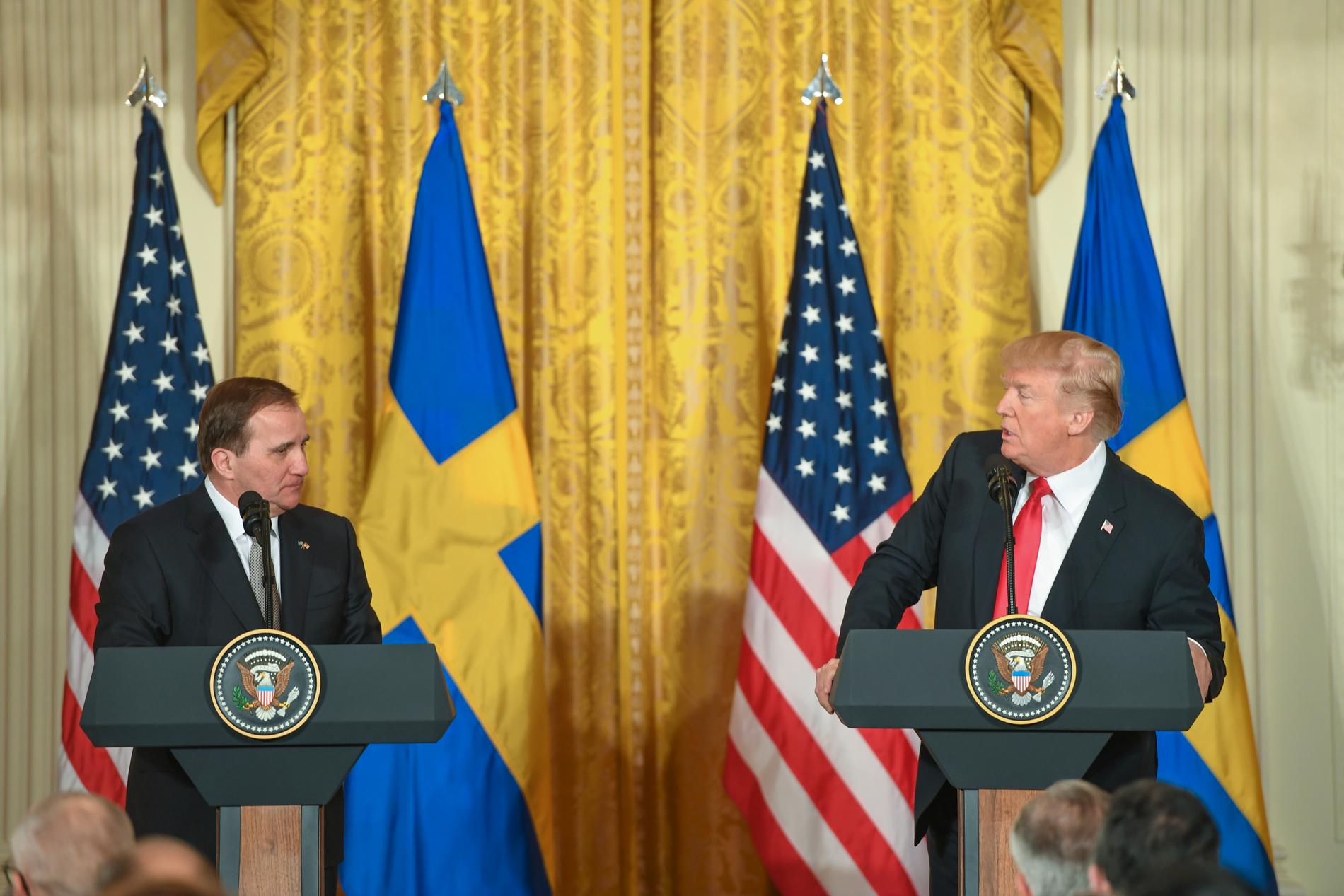 Sveriges statsminister Stefan Löfven och USA:s president Donald Trump under en gemensam pressträff i Vita huset i fjol.