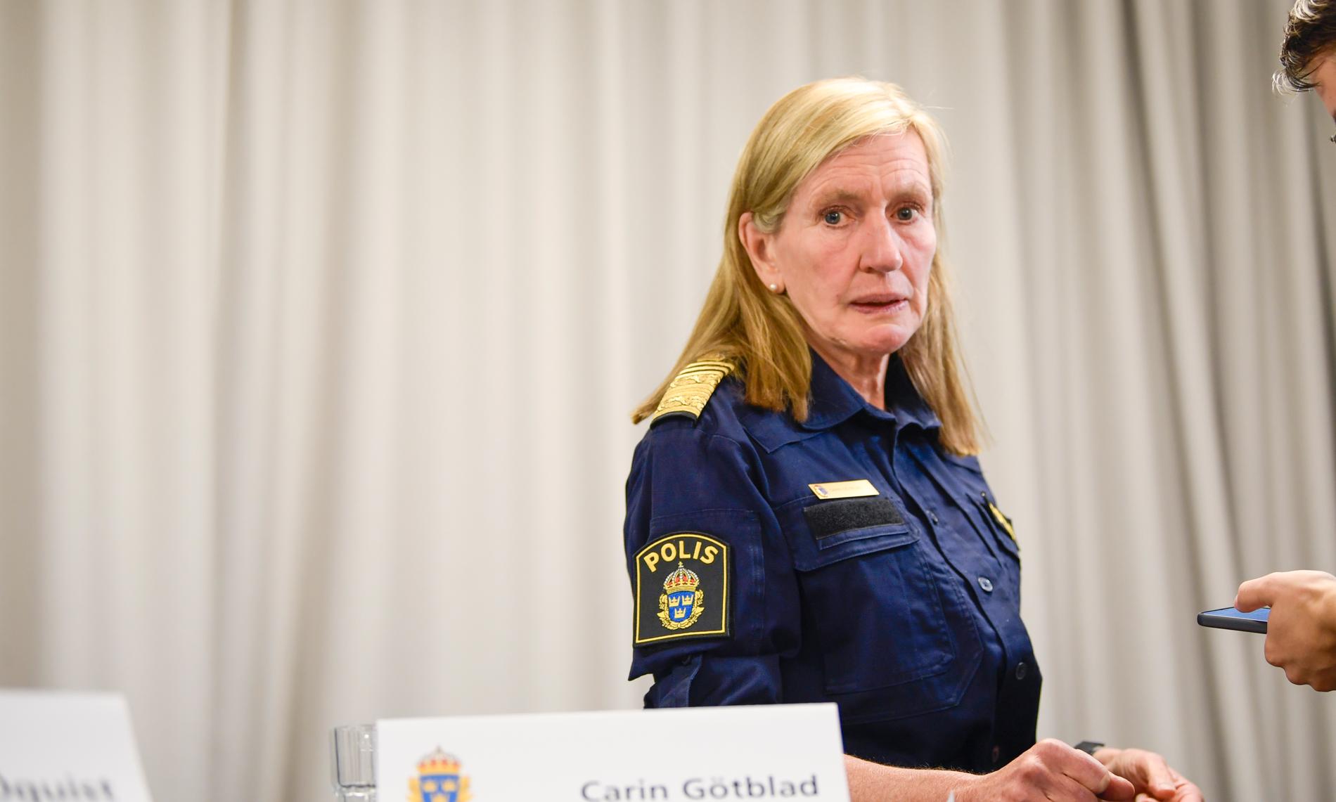 Carin Götblad under måndagens pressträff på Kungsholmen.