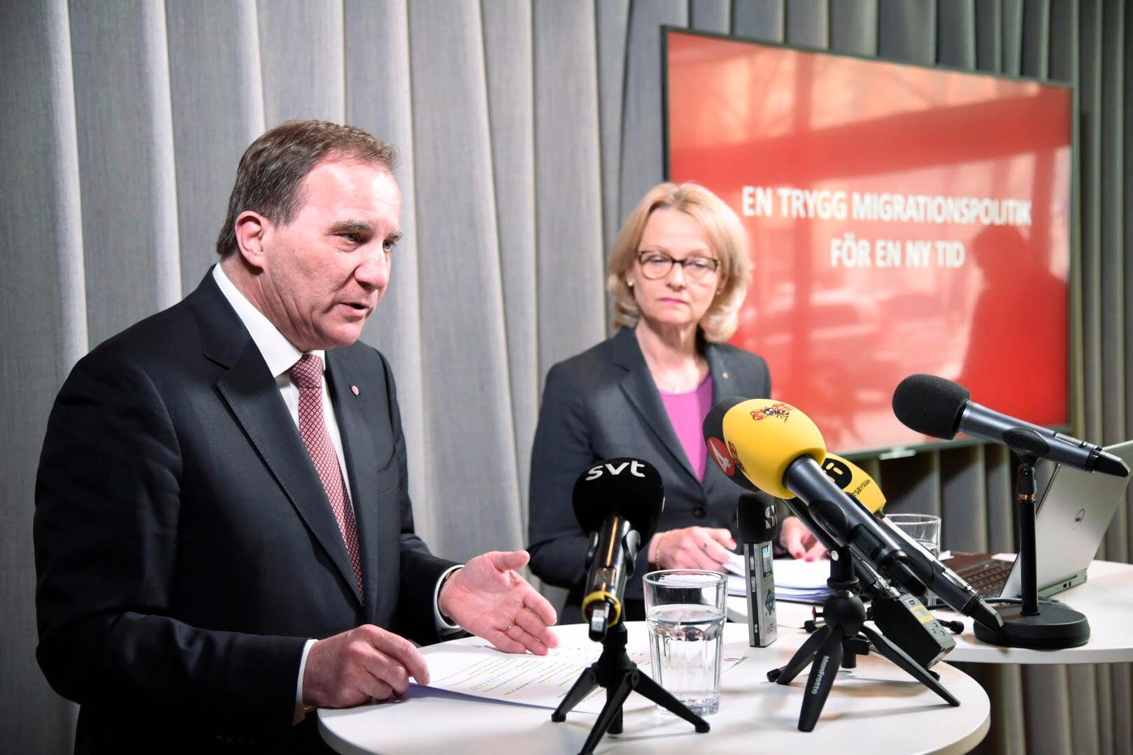 Socialdemokraternas partiledare Stefan Löfven och migrationsminister Heléne Fritzon (S) presenterade partiets inriktning för migrationspolitiken under kommande mandatperiod vid en pressträff på fredagen.