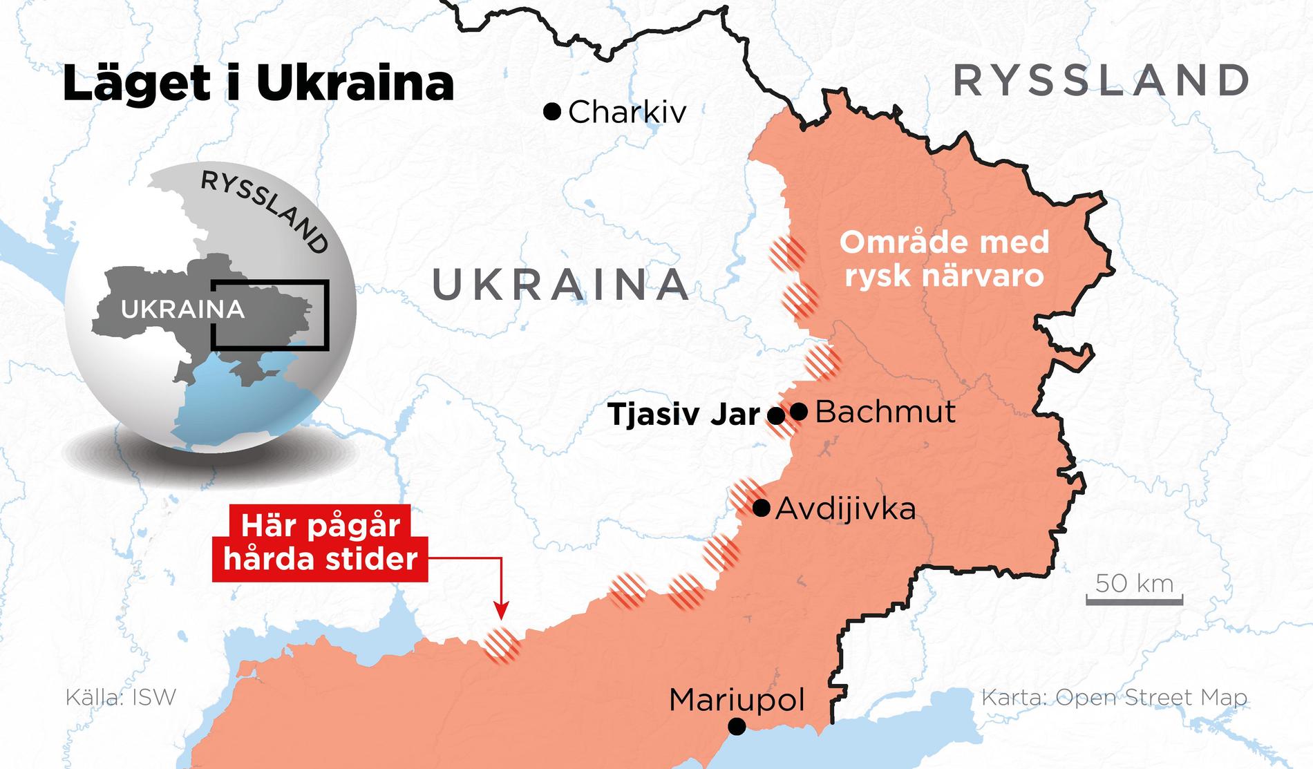 Läget vid fronten i Ukraina den 18 april. Ryska styrkor ryckte då fram mot Tjasiv Jar i öst, men strider rapporterades längs med stora stycken av frontlinjen, även i syd.