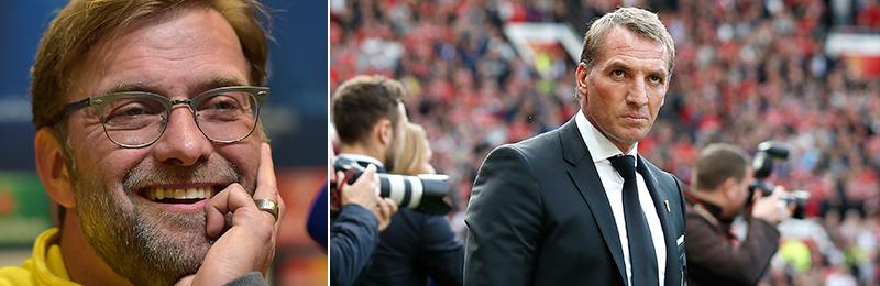 Jürgen Klopp (t.v.) tar över om Brendan Rodgers (t.h.) får sparken i Liverpool, visar oddsen.