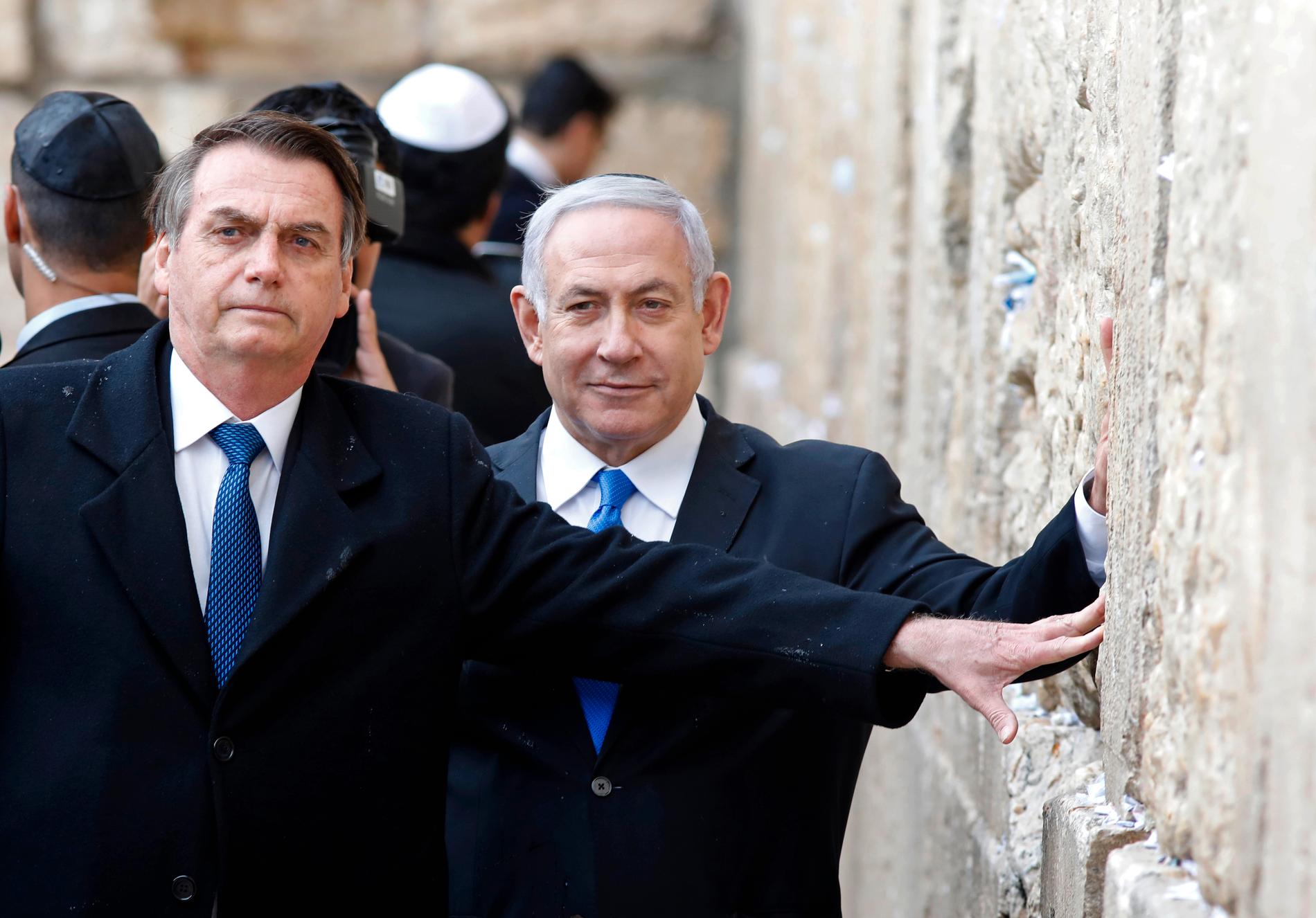 Brasiliens president Jair Bolsonaro och Israels premiärminister Benjamin Netanyahu vid besöket vid Västra muren.