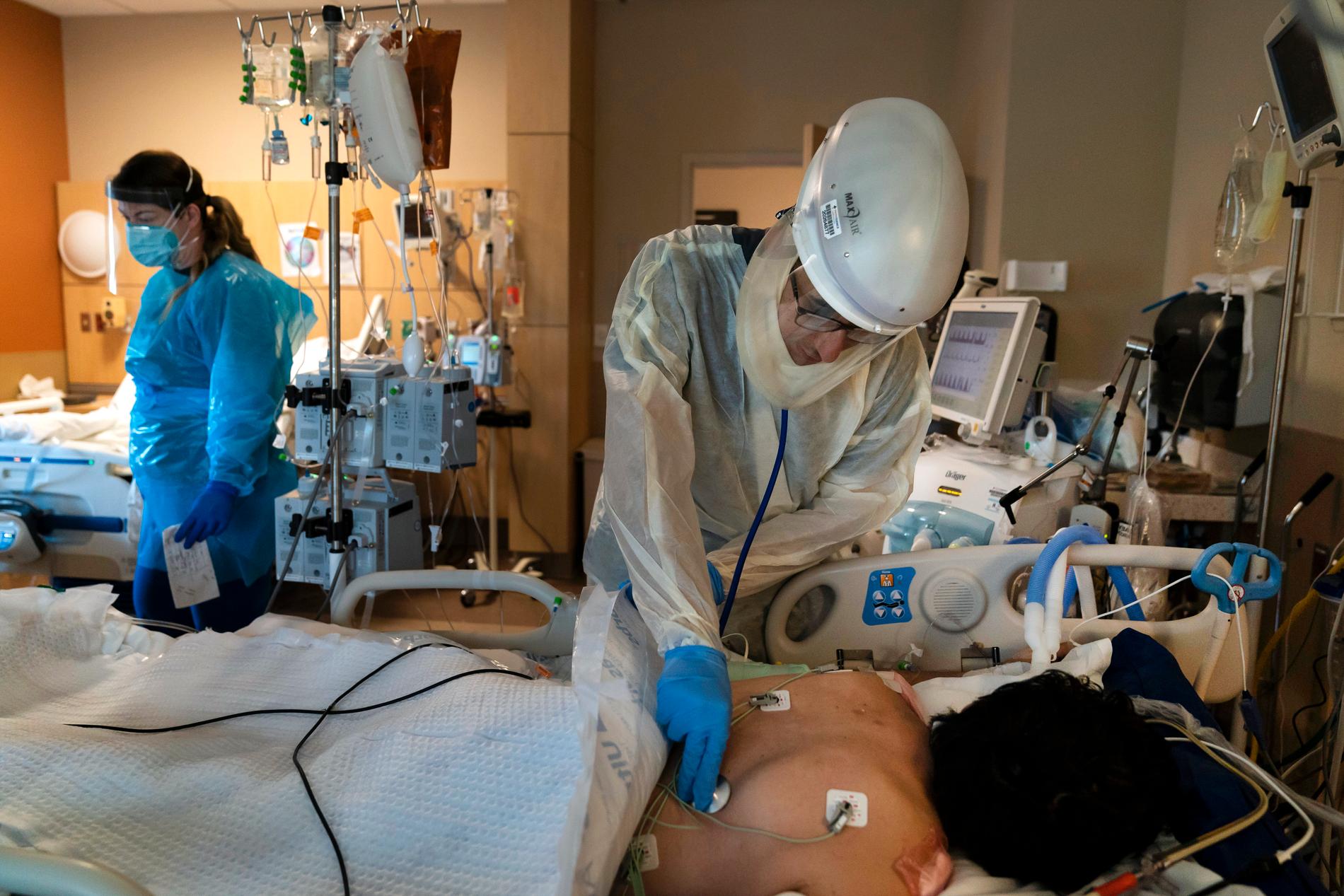 En läkare undersöker en covidpatient vid ett sjukhus i Los Angeles tidigare i november.