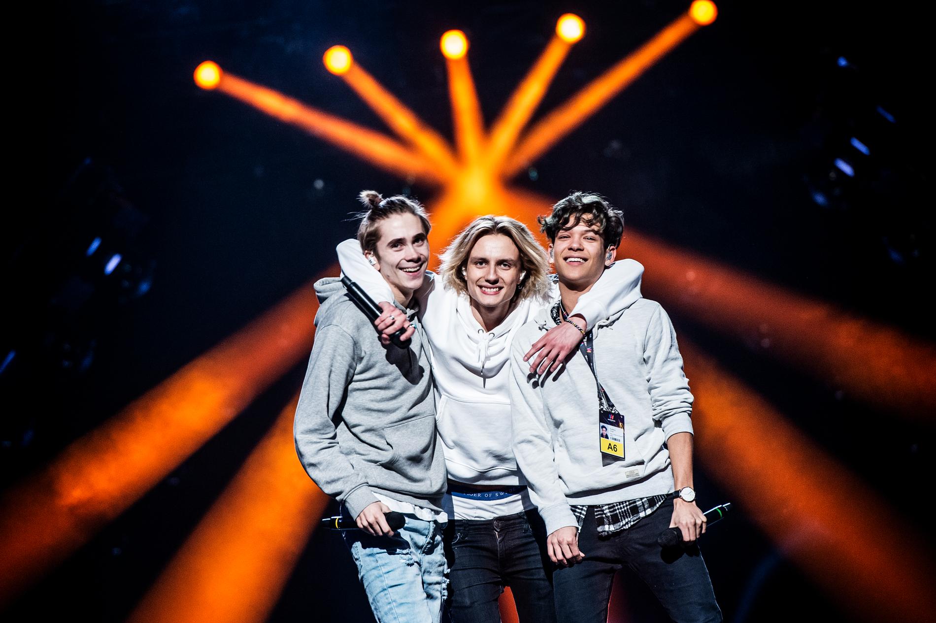 FO&O, Felix Sandman, Oscar Enestad och Omar Rudberg under Melodifestivalen 2017.