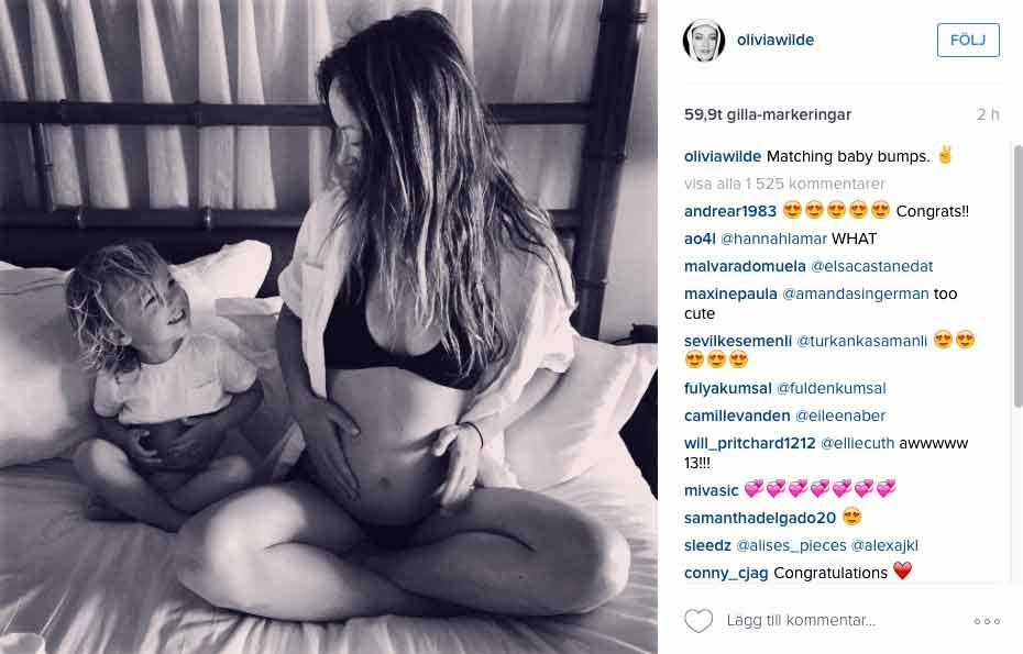 Olivia Wilde visar upp gravidmagen på Instagram.