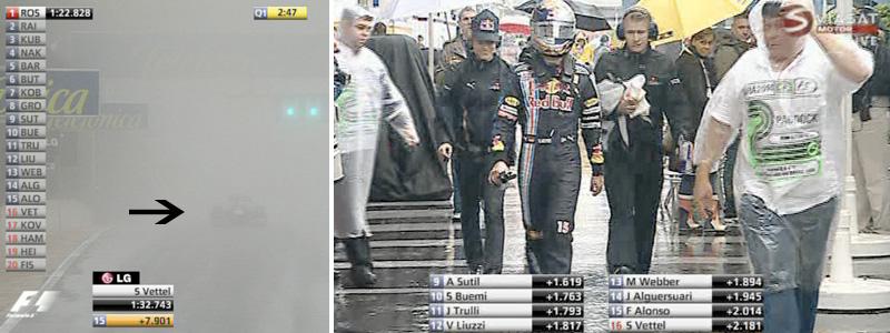 Kvalet till Brasiliens GP avgörs i usla väderförhållanden. Till vänster framgår hur obefintlig sikten stundtals är. Höger: en djupt besviken Sebastian Vettel vandrar av Autódromo José Carlos Pace race track med tunga steg.
