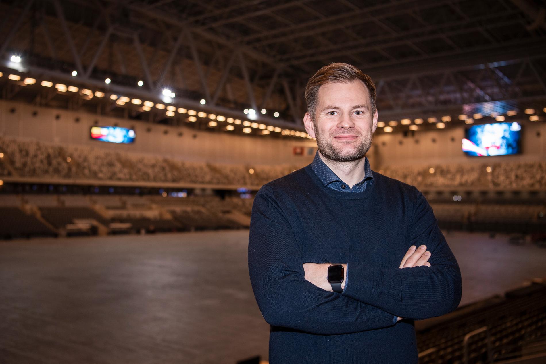 Förbundskapten Kristján Andrésson på plats på Tele2 arena vid truppens presentation.