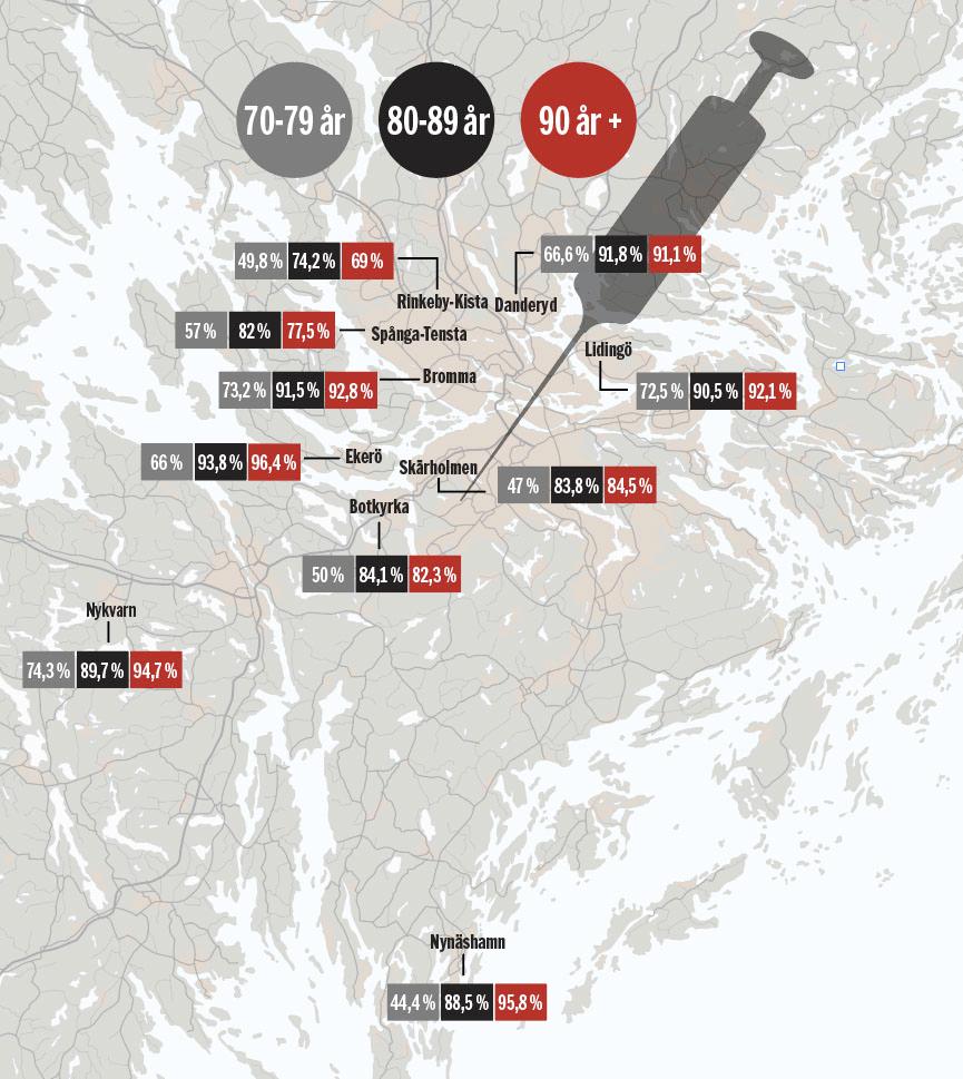 Andelen ur befolkningen i olika områden i Stockholm som fått en första dos, baserat på ålderskategorier, fram till vecka 15.  