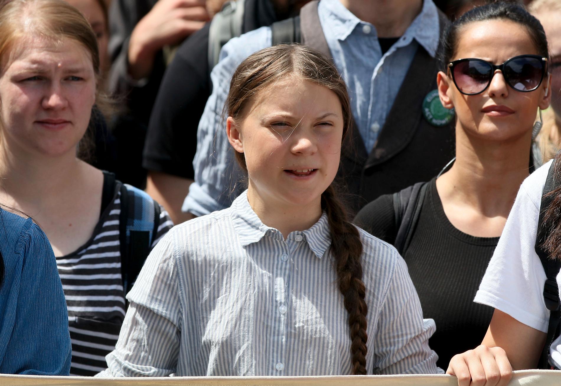 Greta Thunberg under en skolstrejk för klimatet i Wien i maj.