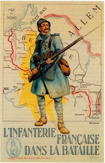 Guillaume-Claude-Henri Delaspre. "Franska infanteriet i strid". Filmaffisch 1917. Märk den röda linjen vid Rhen. Dit ville chauvinisterna flytta Frankrikes gräns.