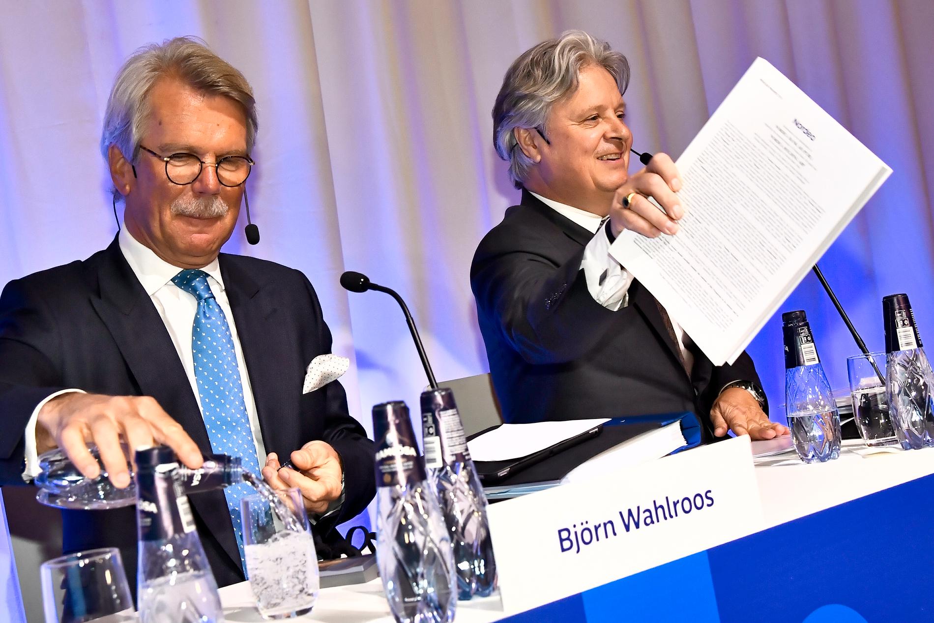 Björn Wahlroos, Nordeas styrelseordförande, och Casper von Koskull, Nordeas vd, under bankens årstämma på Grand Hotel i Stockholm.