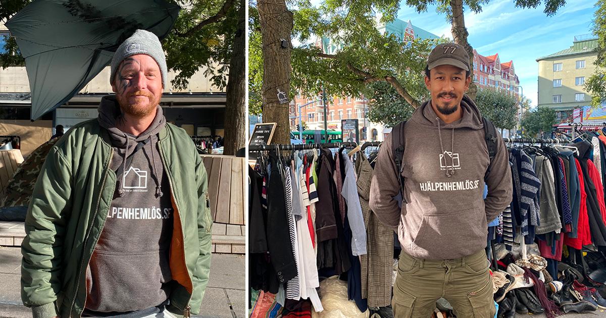 Peter (t v), som själv är hemlös, delar ut kläder till hemlösa i höstkylan genom projektet ”Hjälp en hemlös” i Malmö – ett initiativ som startades av Johannes Bathily (t h).