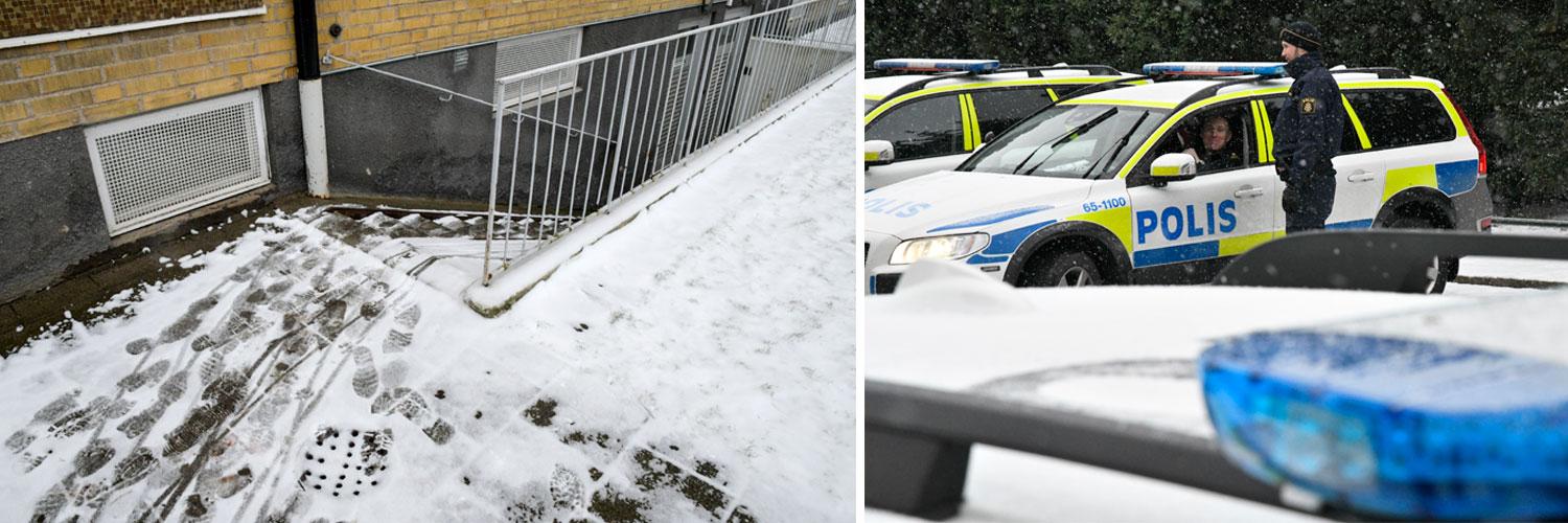 Spår i snön vid den källartrappa på Roskildevägen i Malmö där en snöröjande man skottskadads livshotande under natten till onsdagen.
