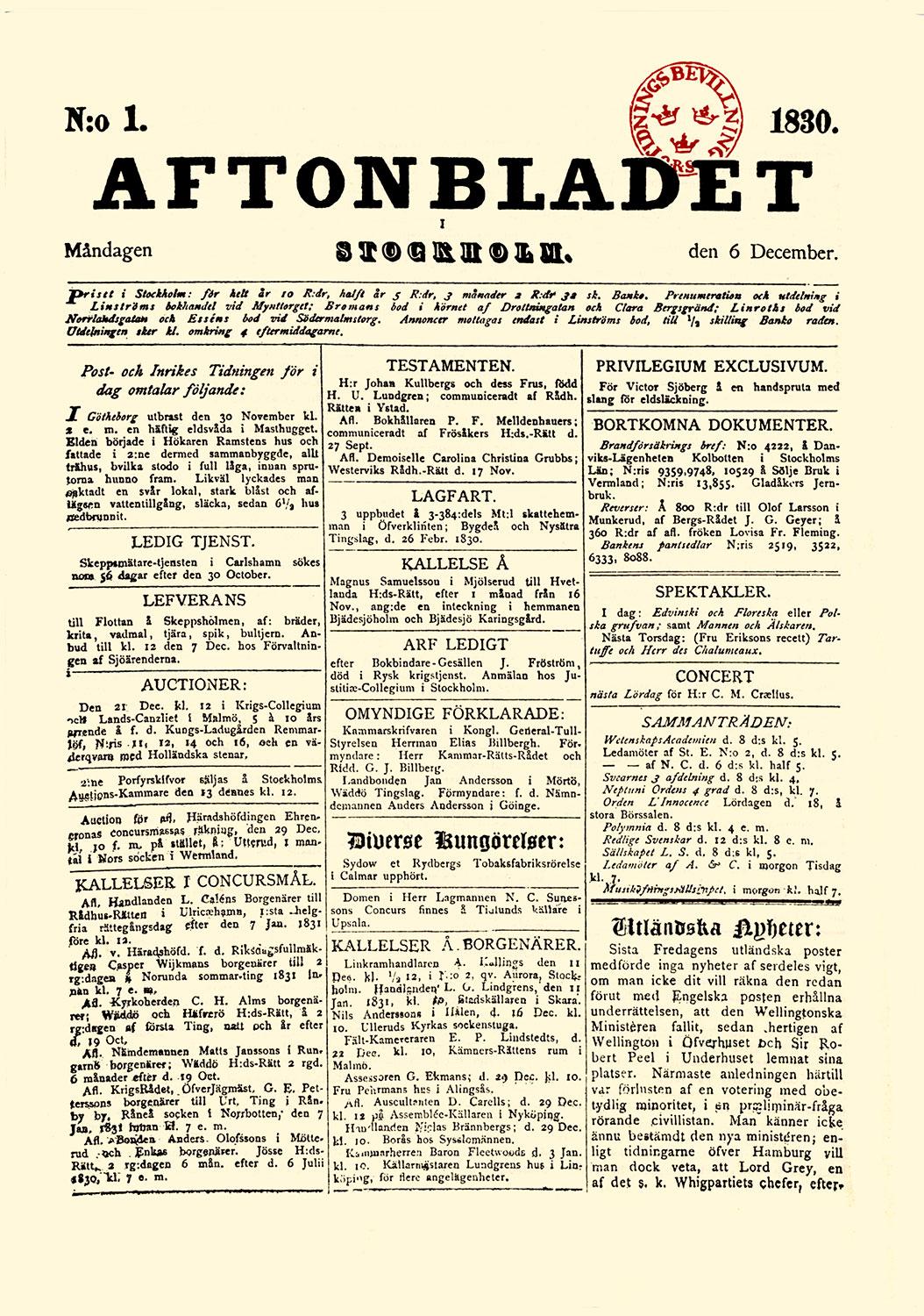Premiär! Här är första numret av Aftonbladet från 1830.