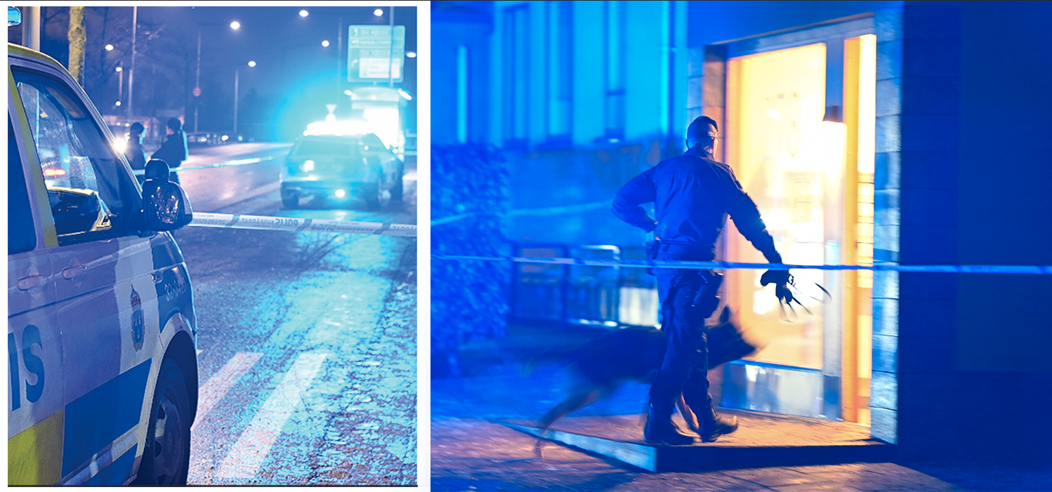 Bilder från polisens insats efter skottlossningen mot en lägenhet i ett bostadshus i Fruängen. 