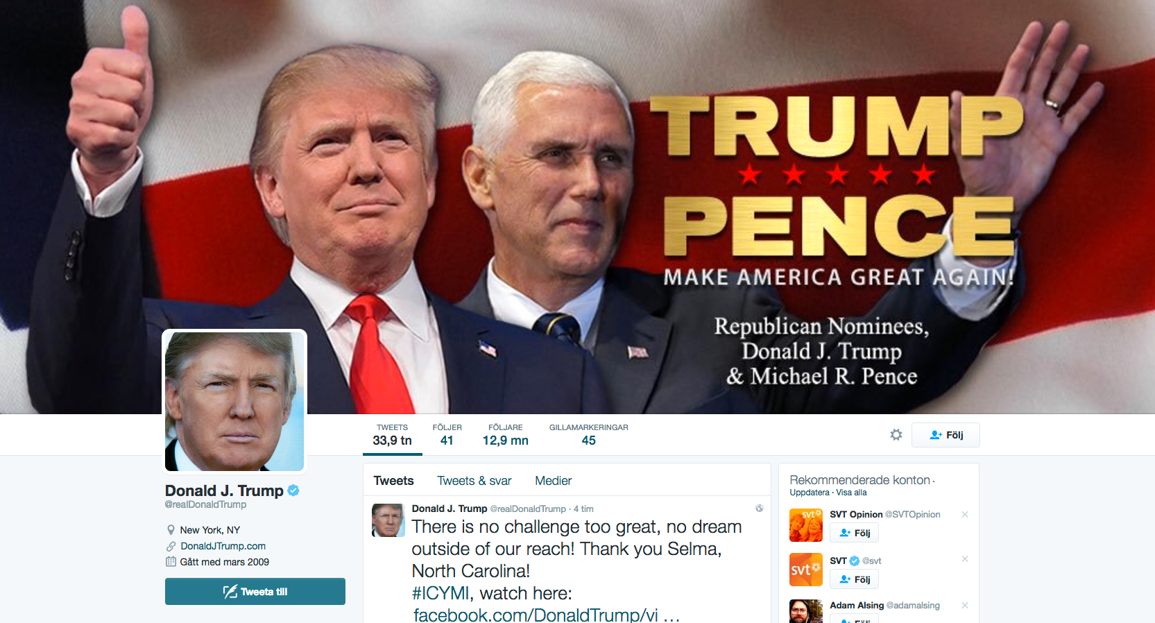 Skärmdump från Donald Trumps Twitter.