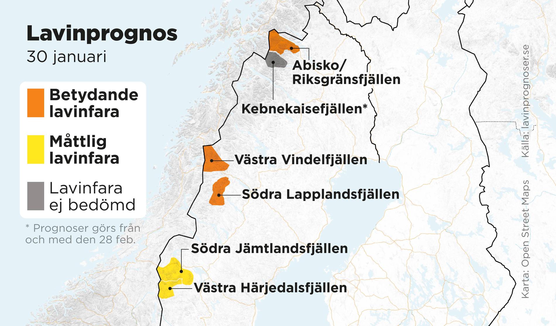 Betydande lavinfara råder i vissa delar i de svenska fjällen under tisdagen.