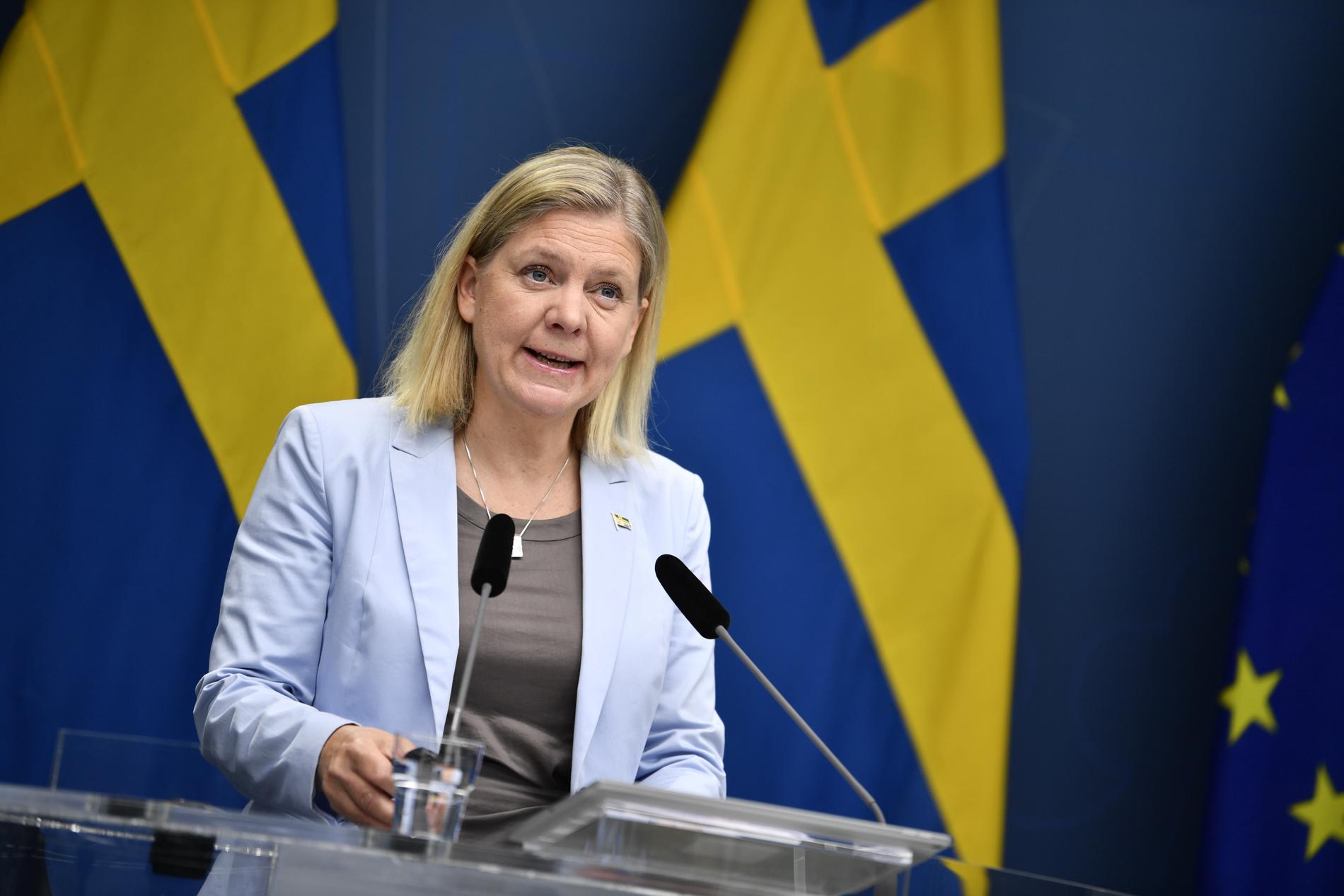Finansminister Magdalena Andersson (S) presenterar finansdepartementets senaste prognos för den makroekonomiska utvecklingen och de offentliga finanserna under en pressträff i Rosenbad.
