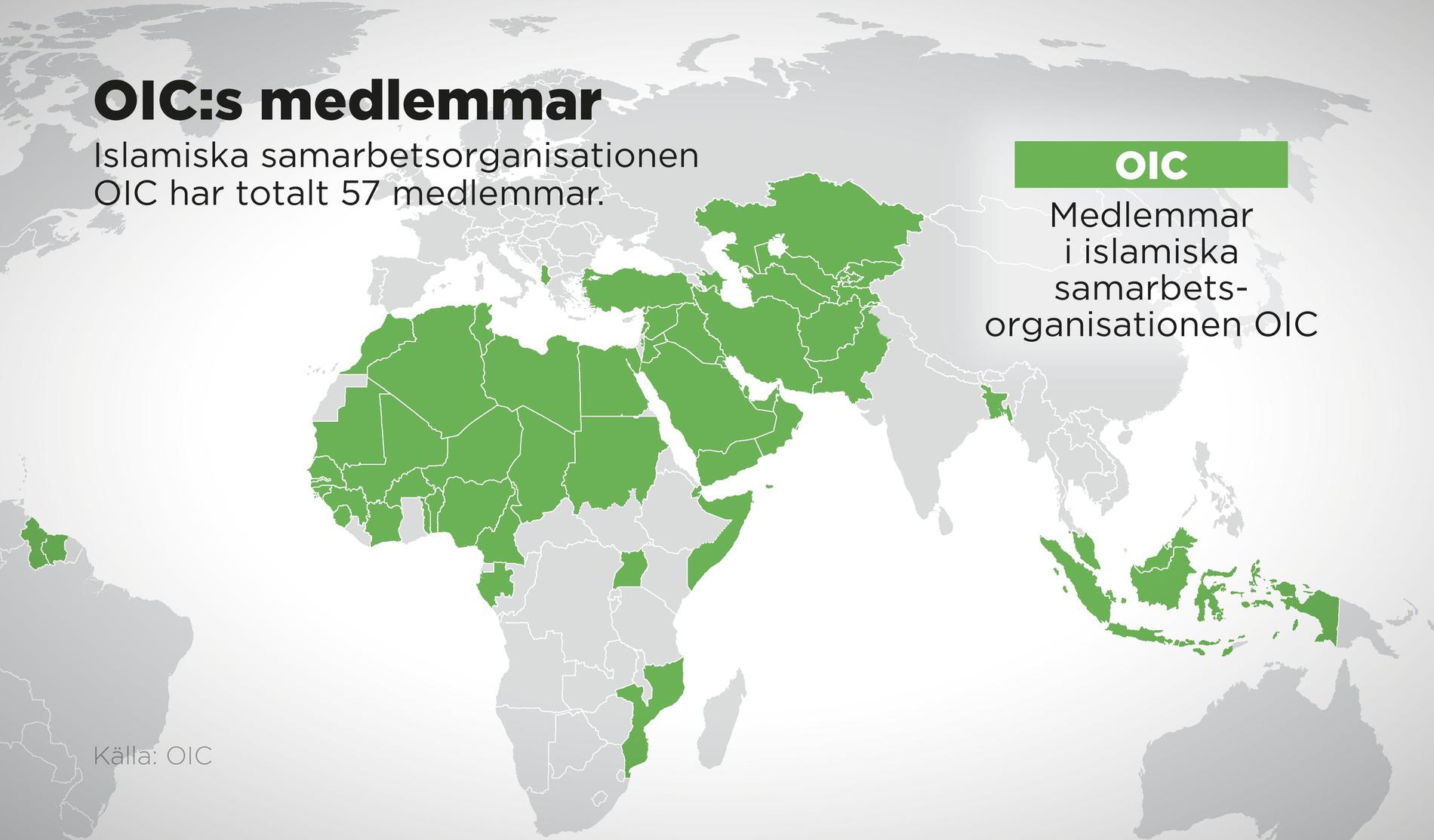 Kartan visar de länder som utgör den islamiska samarbetsorganisationen OIC. 