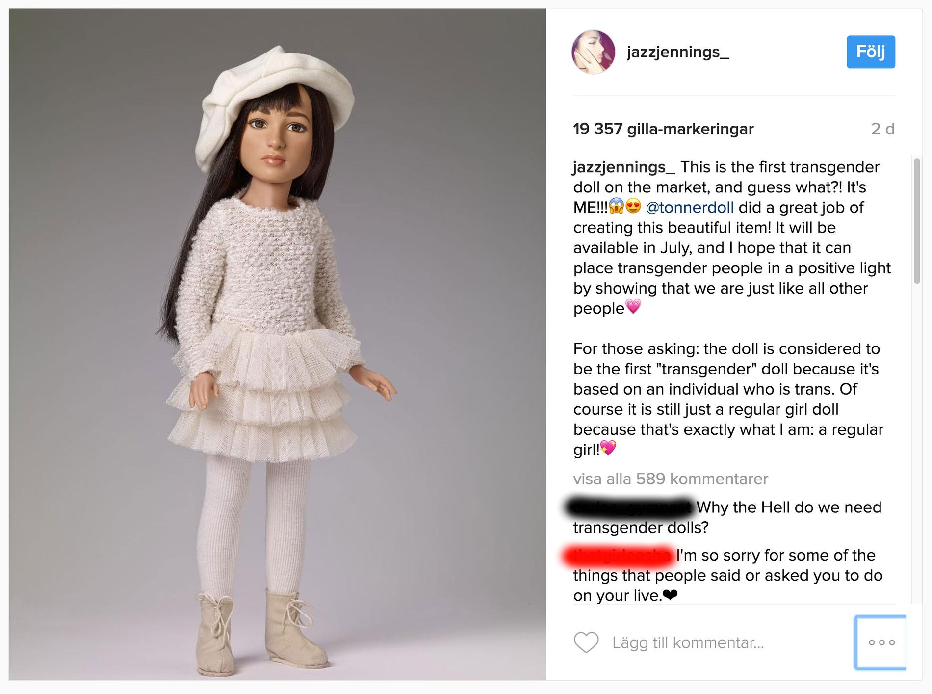 Jazz Jennings berättade om dockan på Instagram.