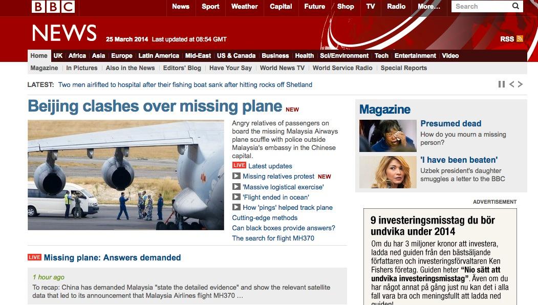 Brittiska jätten BBC skriver om den kinesiska ilskan mot hur Malaysia har hanterat sökandet.