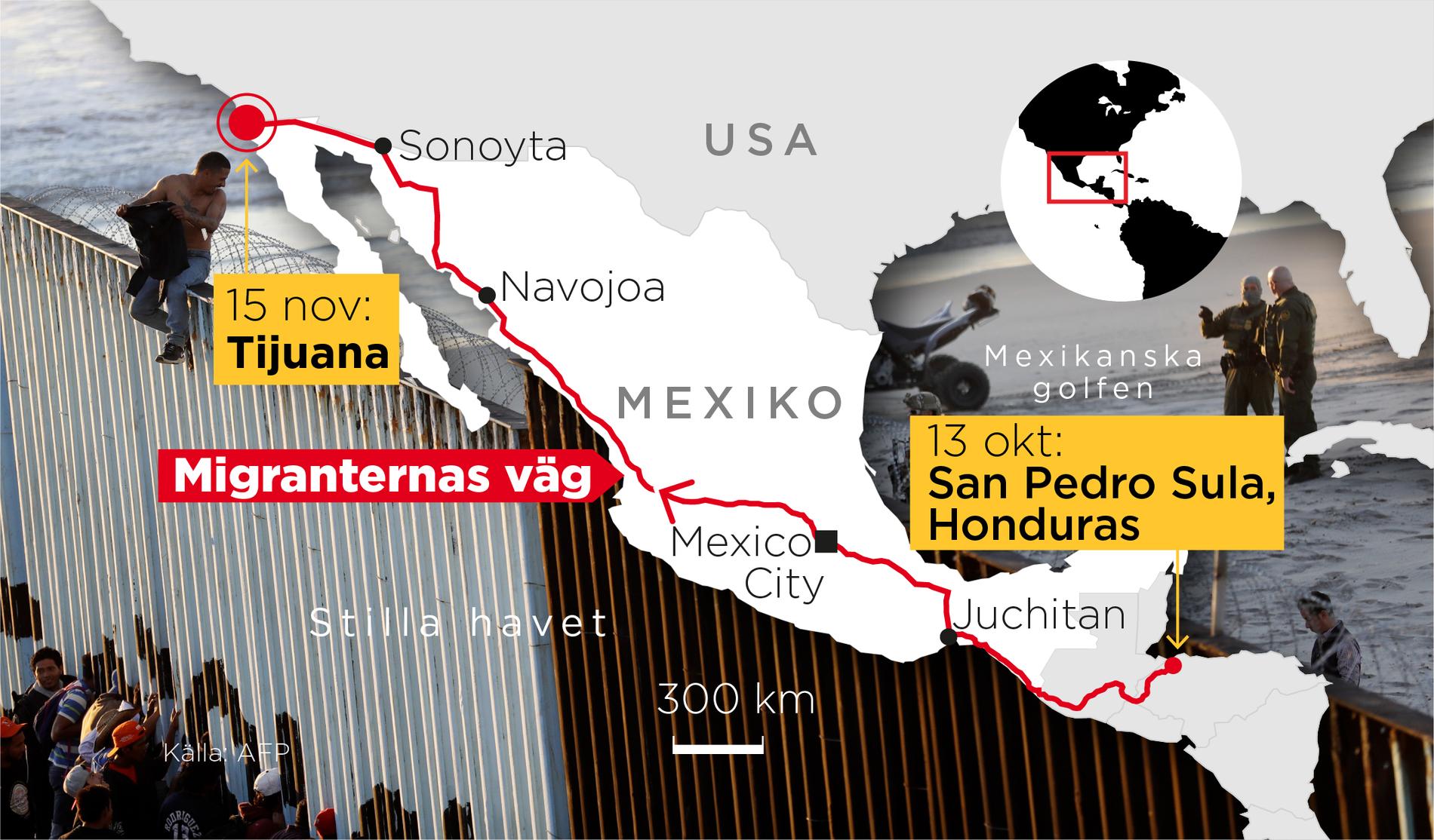 Migranternas väg genom Centralamerika och Mexiko.