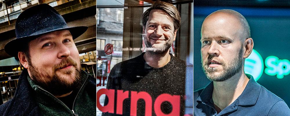 Markus ”Notch” Persson, grundare av spelbolaget Mojang, Sebastian Siemiatkowski, grundare och storägare i Klarna och Daniel Ek, medgrundare och vd för Spotify.