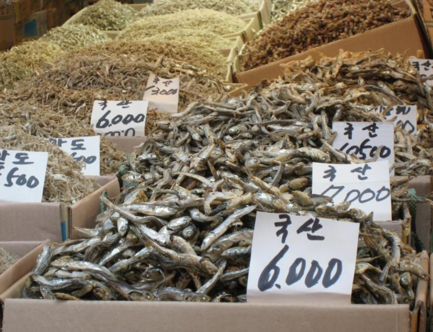 Torkad fisk i alla storlekar från en centimeter och uppåt säljs i lösvikt på matmarknaden Jungbo. Men inte en jycke i närheten. Var är det berömda hundköttet?