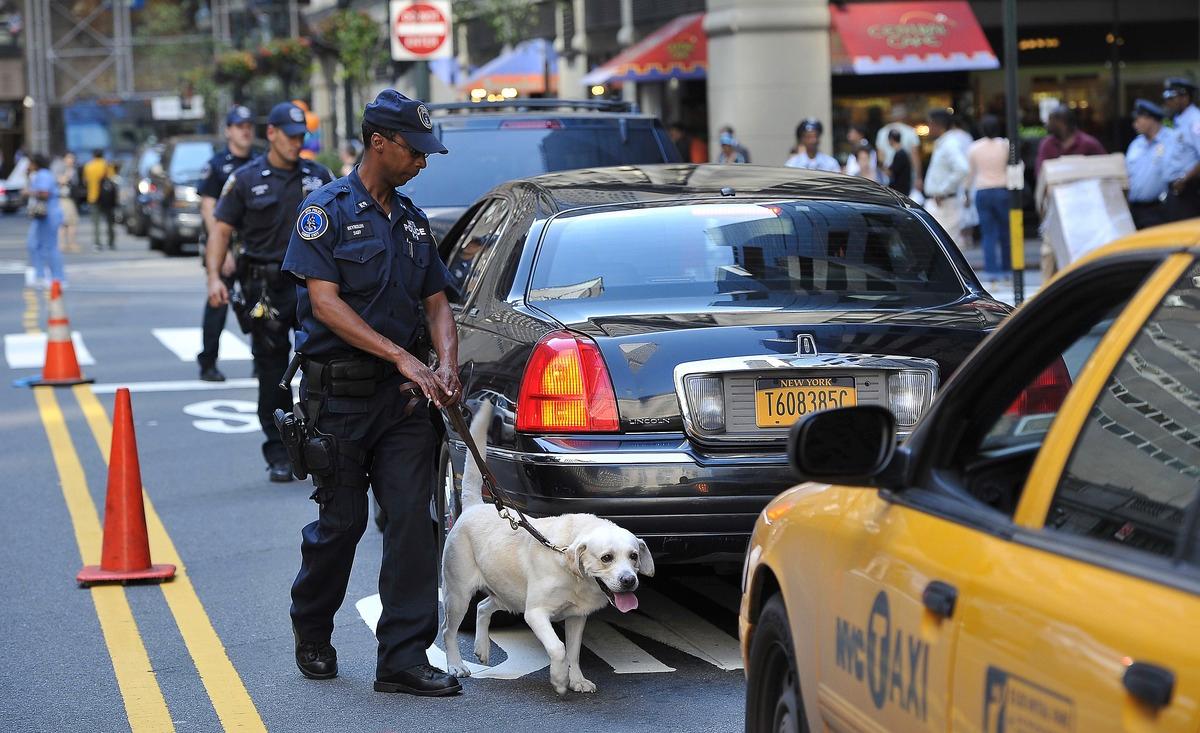 slå till – på årsdagen LETAR BOMBER I centrala New York patrullerade poliser med bombhundar efter ett hot om en ny attack på tioårsdagen av terrordådet 11 september 2001.