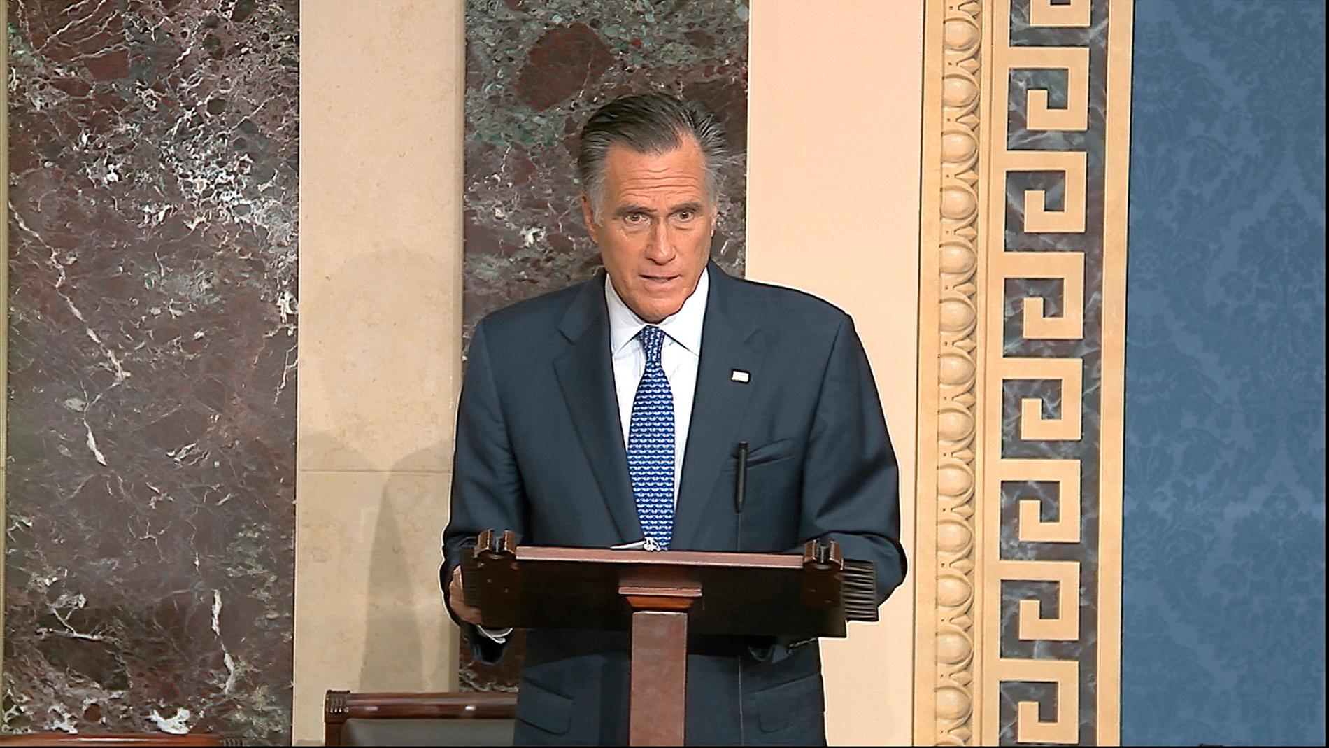 Mitt Romney, republikansk senator från Utah, under sitt tal inför slutomröstningen i riksrättsrättegången mot USA:s president Donald Trump på onsdagen.