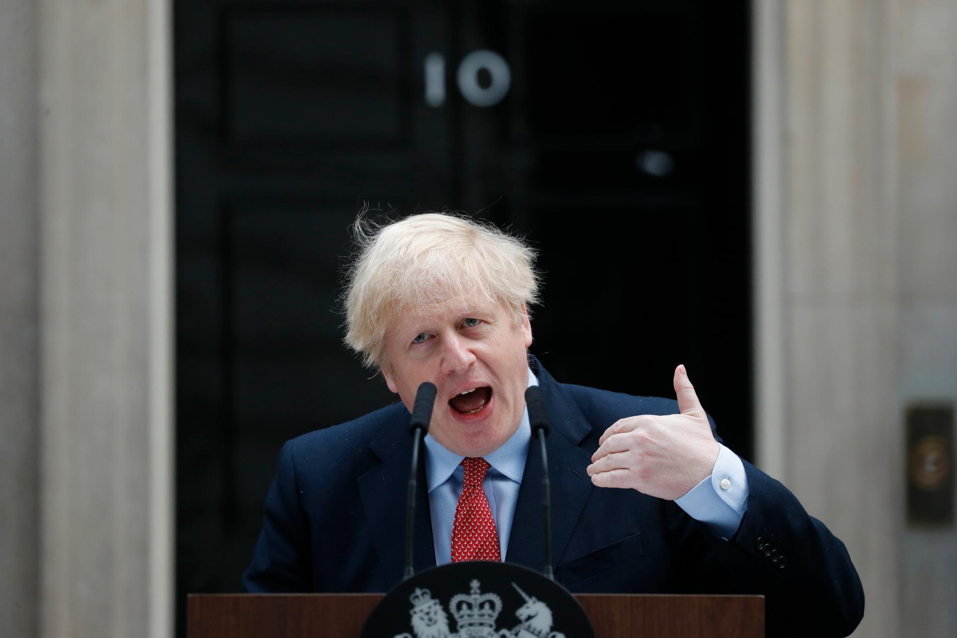 Storbritanniens premiärminister Boris Johnson vid sitt första officiella tal efter att ha tillfrisknat från coronaviruset.