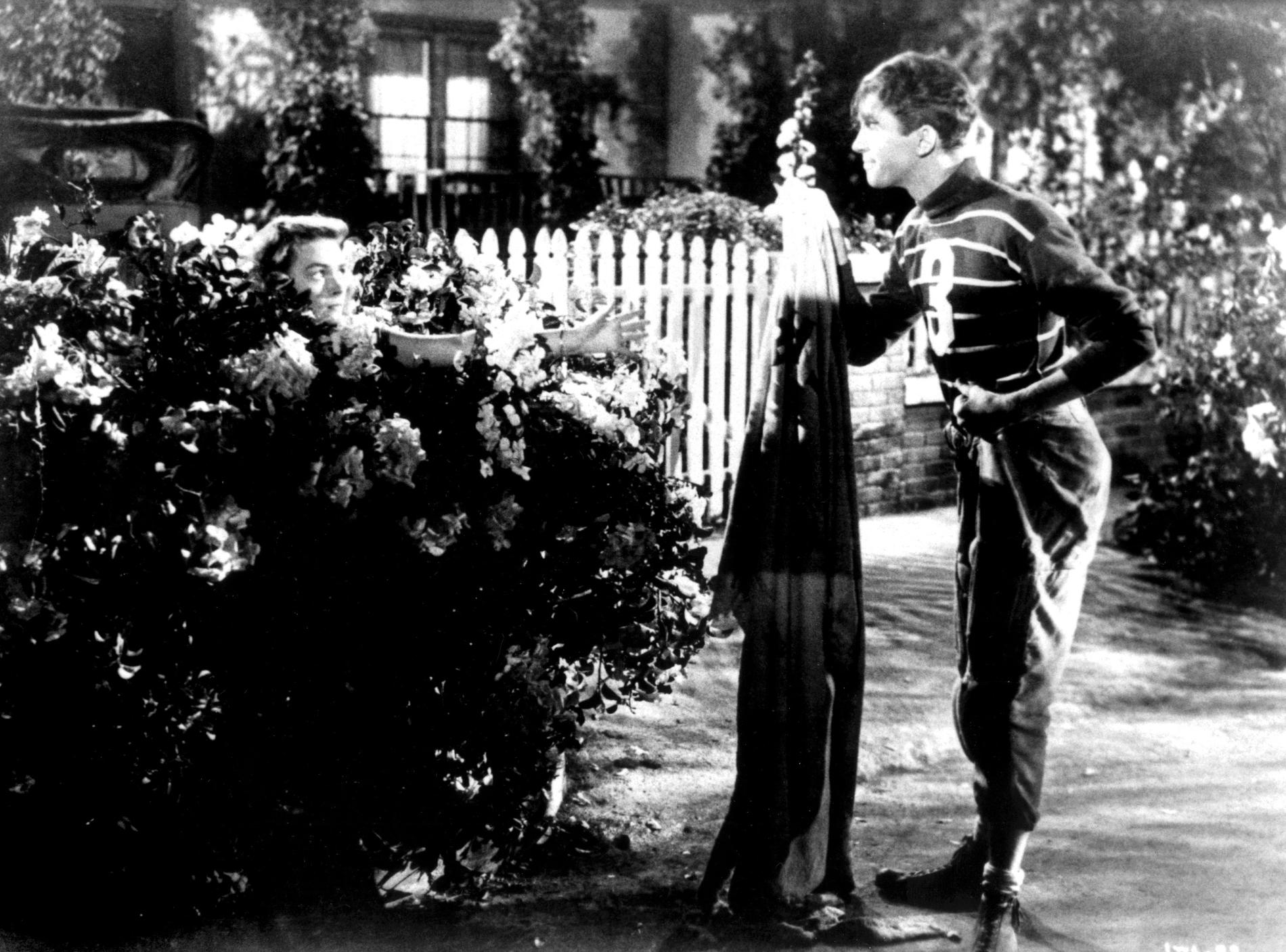 James Stewart och Donna Reed (i buskarna) i filmen "Ett underbart liv" av Frank Capra. Pressbild.