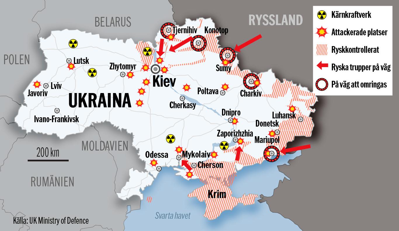 Attackerade platser i Ukraina, uppdaterad 13 mars.