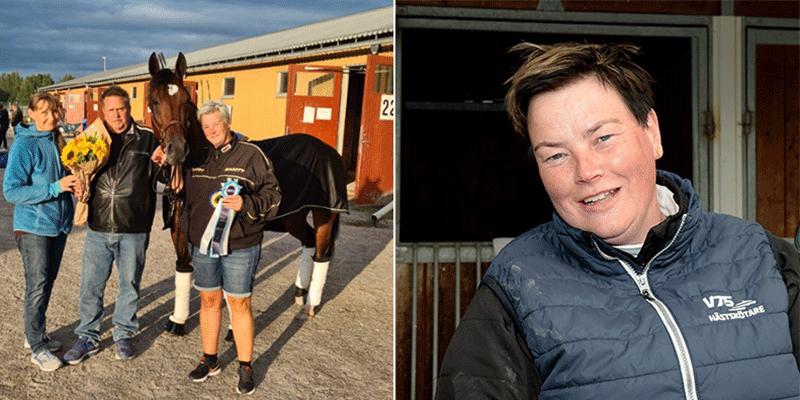 Forne hästskötaren var sprudlande glad efter tränarsegern på V75, här med ägarna (Maria Karlsson och Roffe Plahn). 