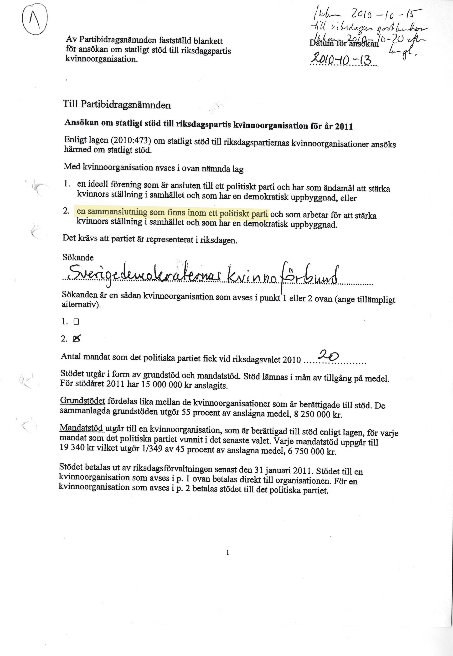 1. Ansökan Den 13 oktober 2010 skickade Sverigedemokraterna in en ansökan om bidrag för ett fiktivt kvinnoförbund till riksdagens Partibidragsnämnd. För att skattepengarna skulle gå direkt till partikassan uppgav de att kvinnoförbundet var en "sammanslutning inom partiet", på så sätt skulle pengarna gå rakt in i partikassan och inte vara öronmärkta för den kvinnofrämjande verksamheten. Handlingarna undertecknades av partiledare Jimmie Åkesson och ekonomichefen Per Björklund. I själva verket fanns inget kvinnoförbund inom Sverigedemokraterna vid den här tidpunkten.