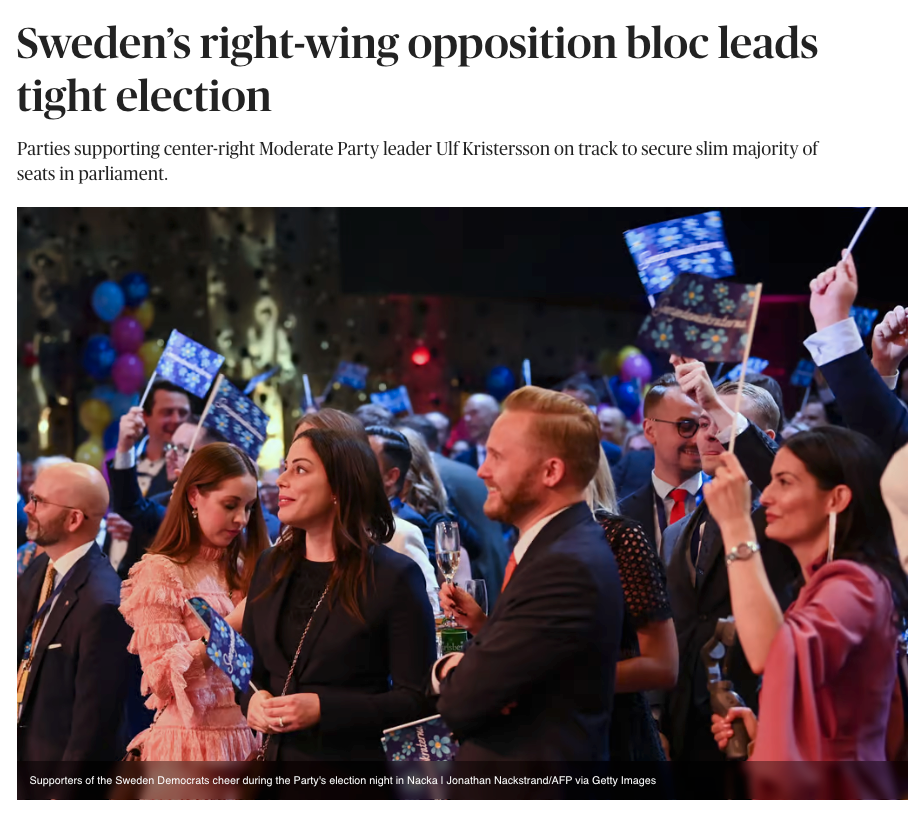 ”Parties supporting center-right Moderate Party leader Ulf Kristersson on track to secure slim majority of seats in parliament”, skriver Politico. 