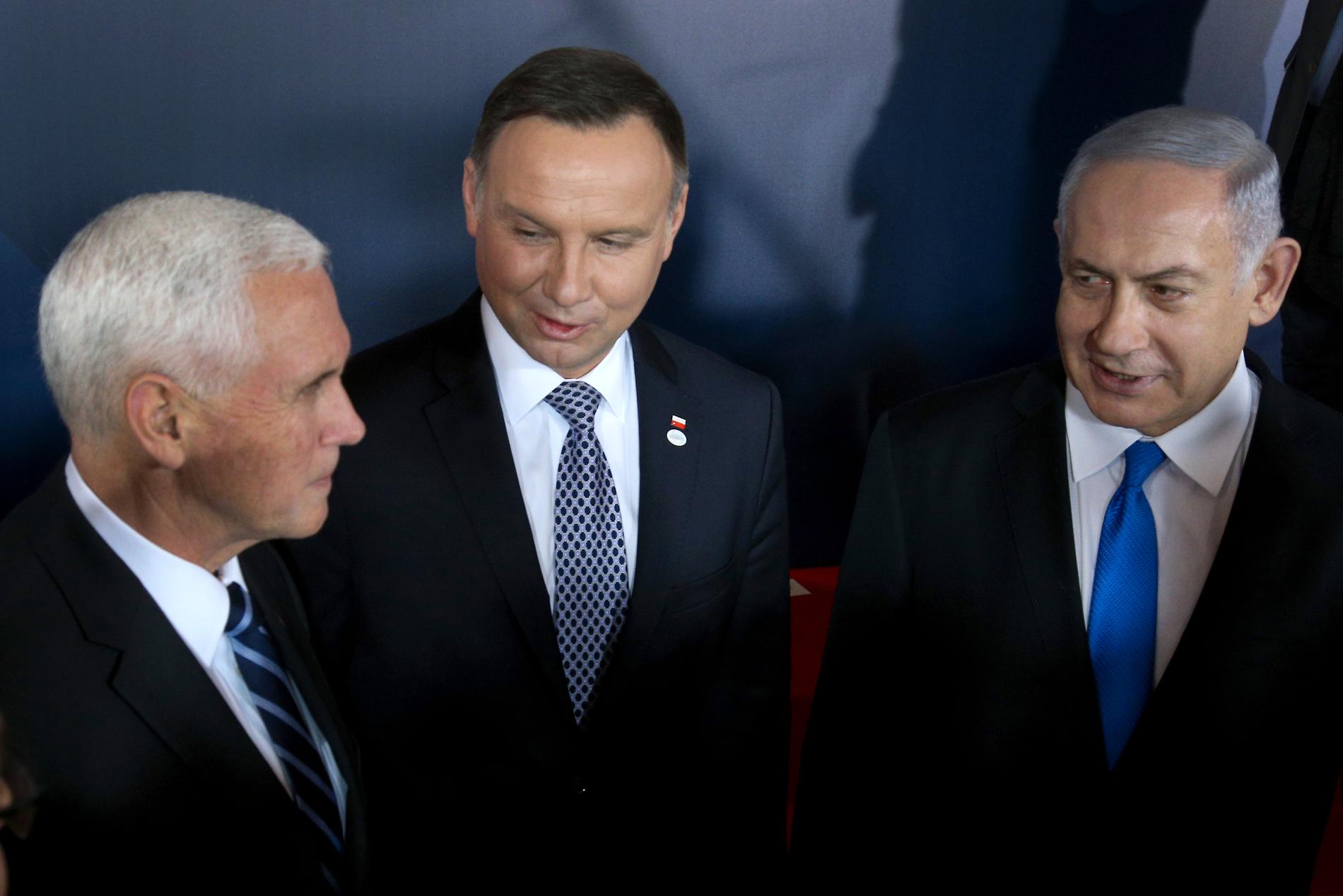 Från vänster: USA:s vicepresident Mike Pence, Polens president Andrzej Duda och Israels premiärminister Benjamin Netanyahu under mötet om Mellanöstern i Warszawa.