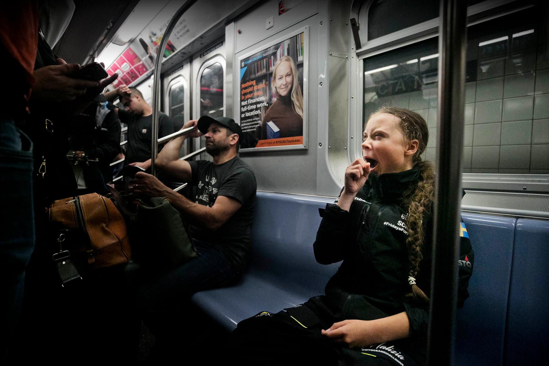 – Nu ska jag vila, landa, och vänja mig vid livet här på något sätt, berättar Greta Thunberg i New Yorks tunnelbana.
