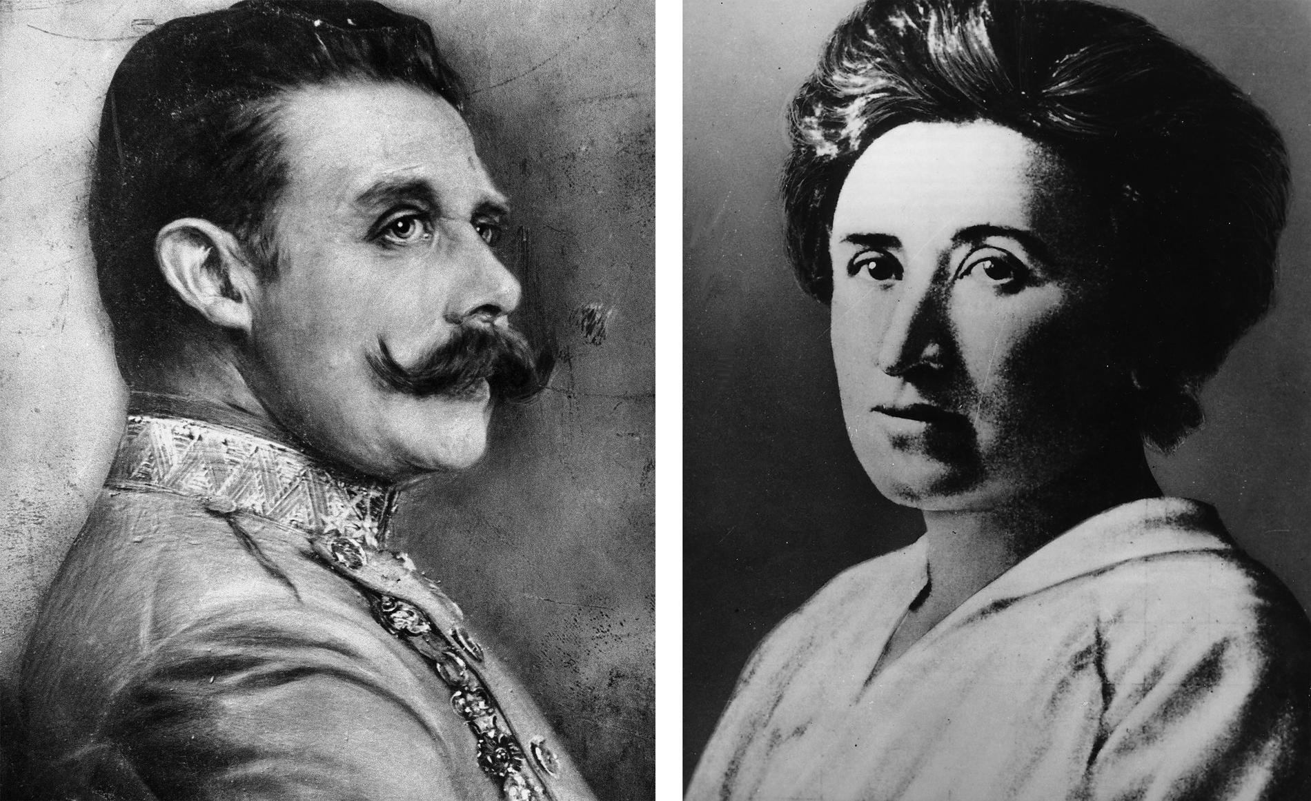 Österrikiske tronföljaren Franz Ferdinand (t v) mördades i Sarajevo för hundra år sedan. Krigsmotståndaren Rosa Luxemburg mördades 1919 i Tyskland av politiska skäl.  Foto: AP