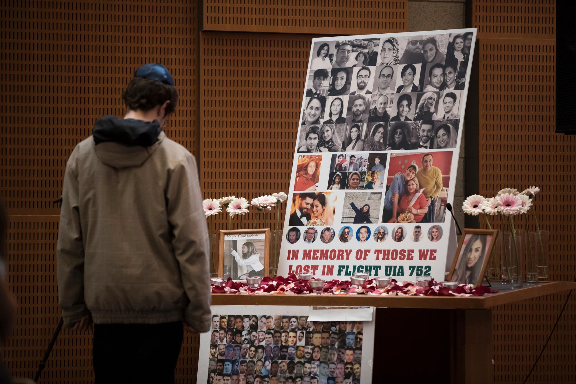 En man i Kanada tittar på foton av några av de 176 som dog när ett ukrainskt passagerarplan störtade utanför Teheran den 8 januari.