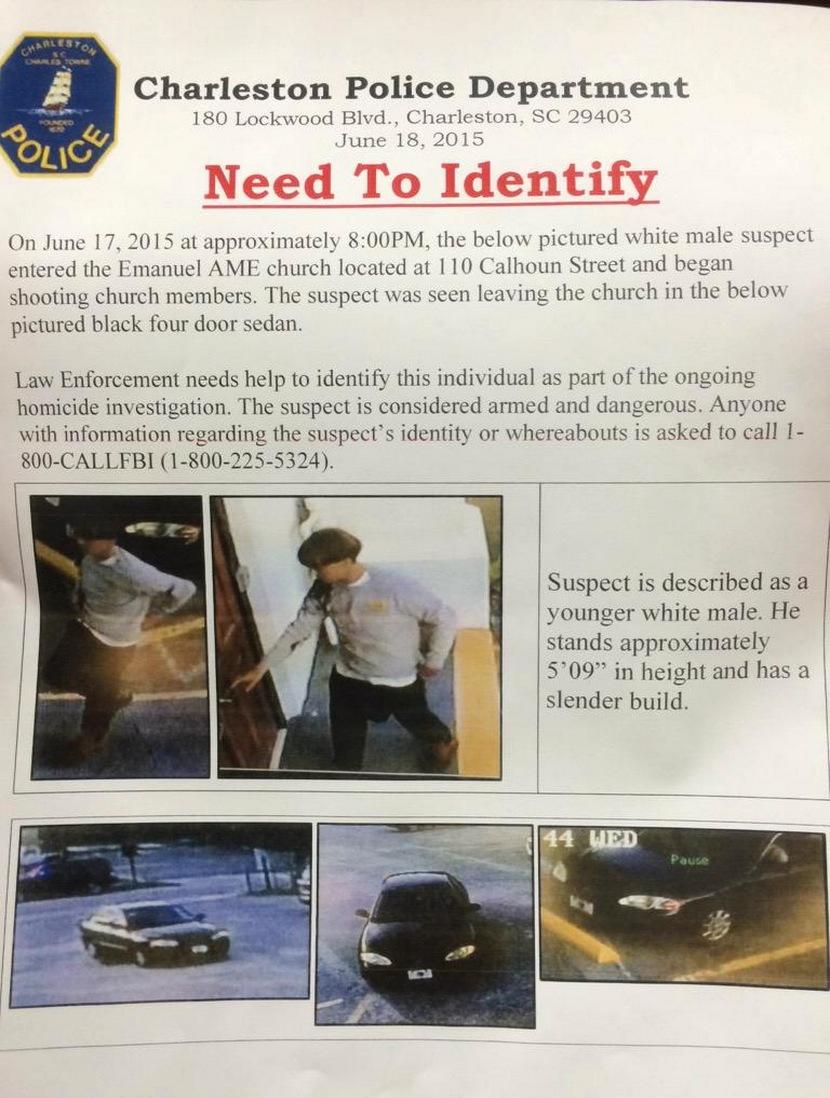 Polisen i Charleston har delat ut ett flygblad med övervakningsbildern på mannen som misstänks för skotten i kyrkan.