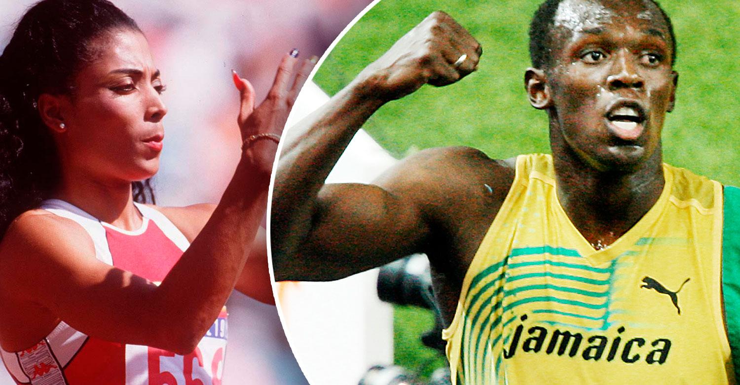 Världsrekordinnehavaran på 100 meter: Florence Griffith-Joyner (10,49) och Usain Bolt (9,58).
