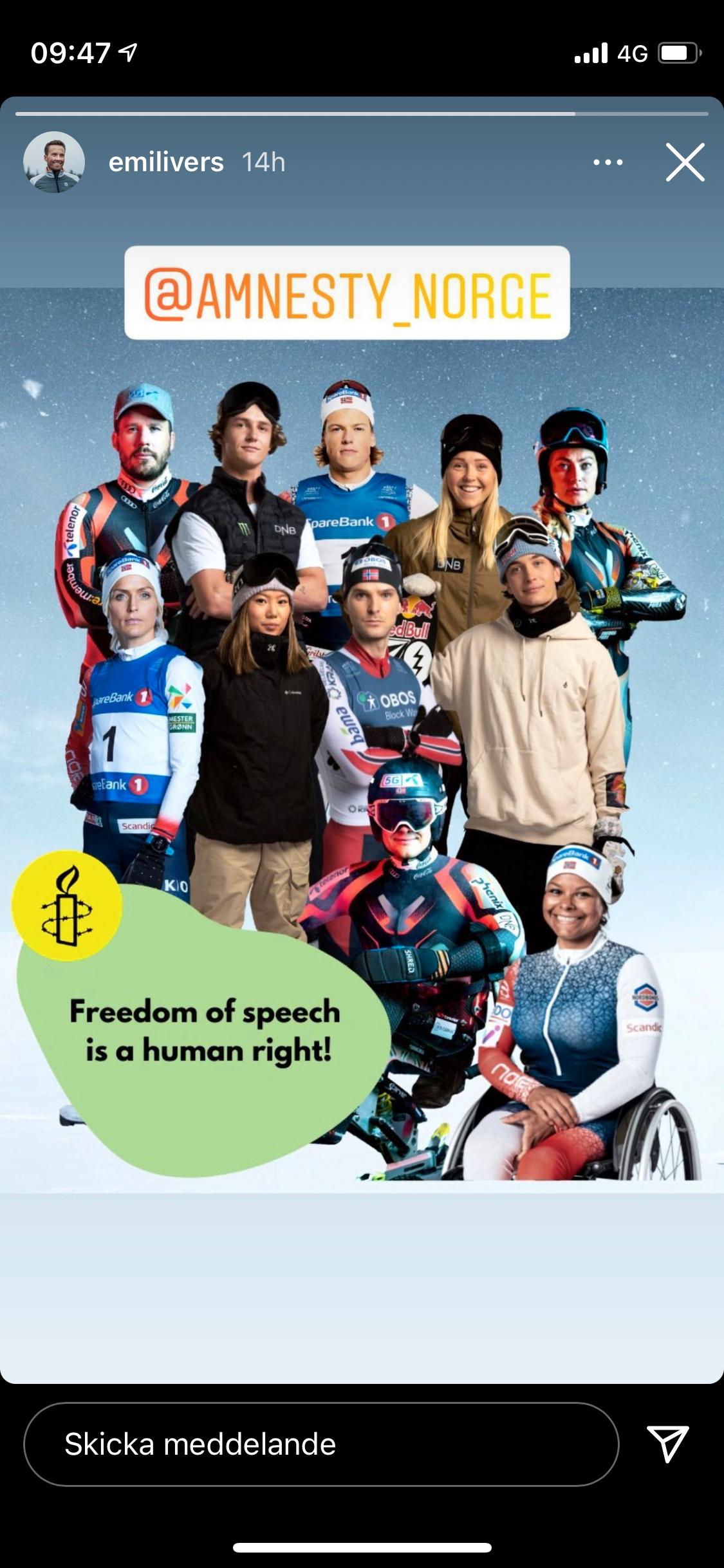 Johannes Hösflot Kläbo och Therese Johaug i kampanjen med Amnesty Norge. Här delat av skidåkaren Emil Iversen på hans sociala medier.