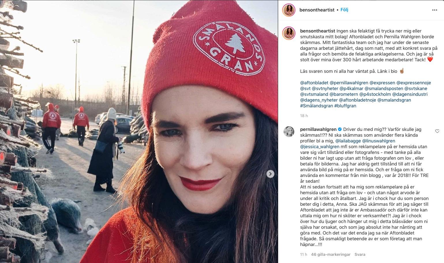 Inlägget som Smålandsgrans vd Anna Benson skrivit på sin instagram – och Pernilla Wahlgrens svavelosande svar.