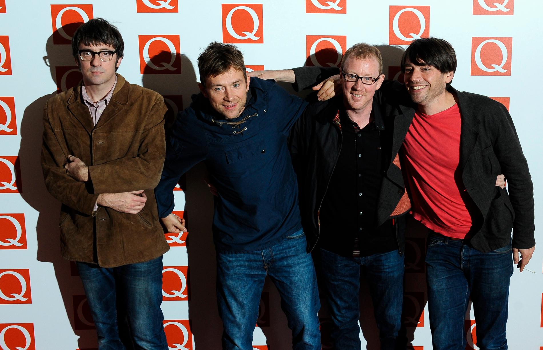 Graham Coxon, Damon Albarn, Dave Rowntree och Alex James i Blur. Arkivbild.