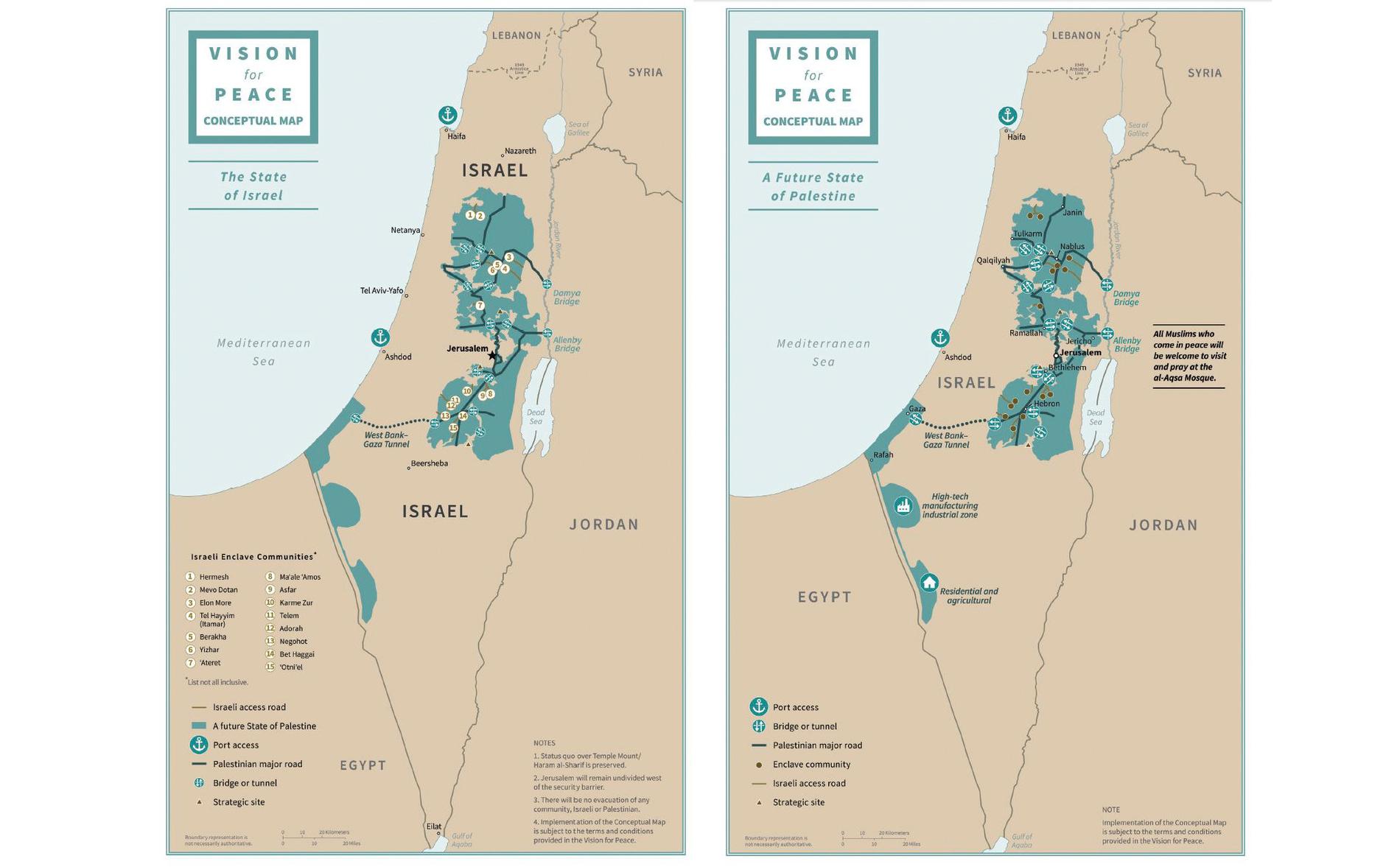 Föreslagna gränsdragningar mellan Israel och ett självständigt Palestina. Områden på den ockuperade Västbanken, inklusive befintliga bosättningar, föreslås ingå i Israel.