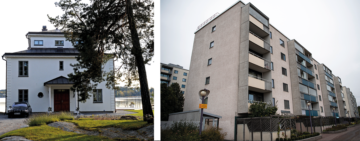 Nära – men ack så olika världar: Stockholmsförorterna Solsidan i Saltsjöbaden (till vänster) och Skärholmen.